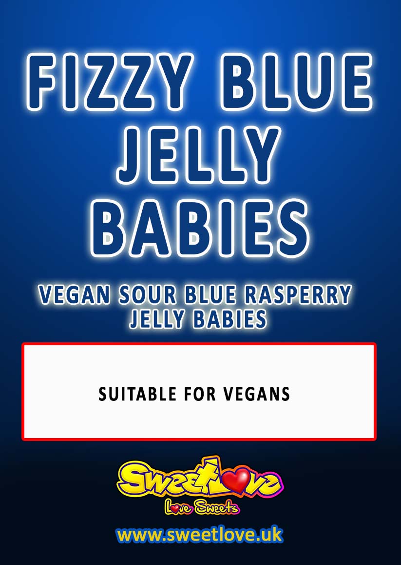 Vending label for VEGAN Fizzy Blue Jelly Babies.